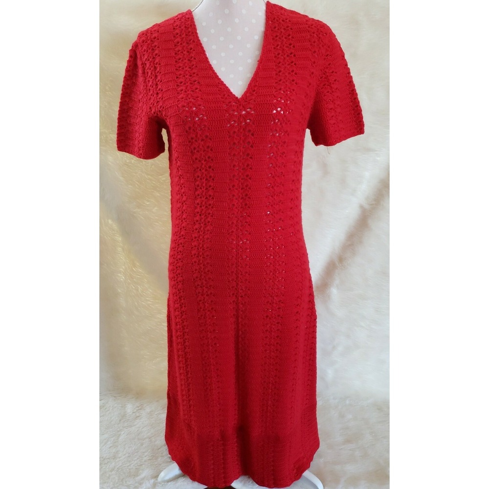Vintage Red Hand Made Crocheted Designer Boho Dress Size M, Bust 36"